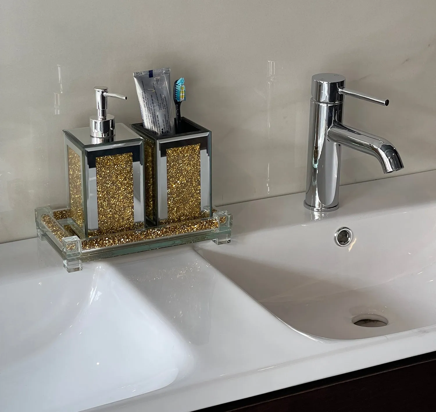 Square Soap Dispenser and Toothbrush Holder with Tray, Gold Crushed Diamond Glass