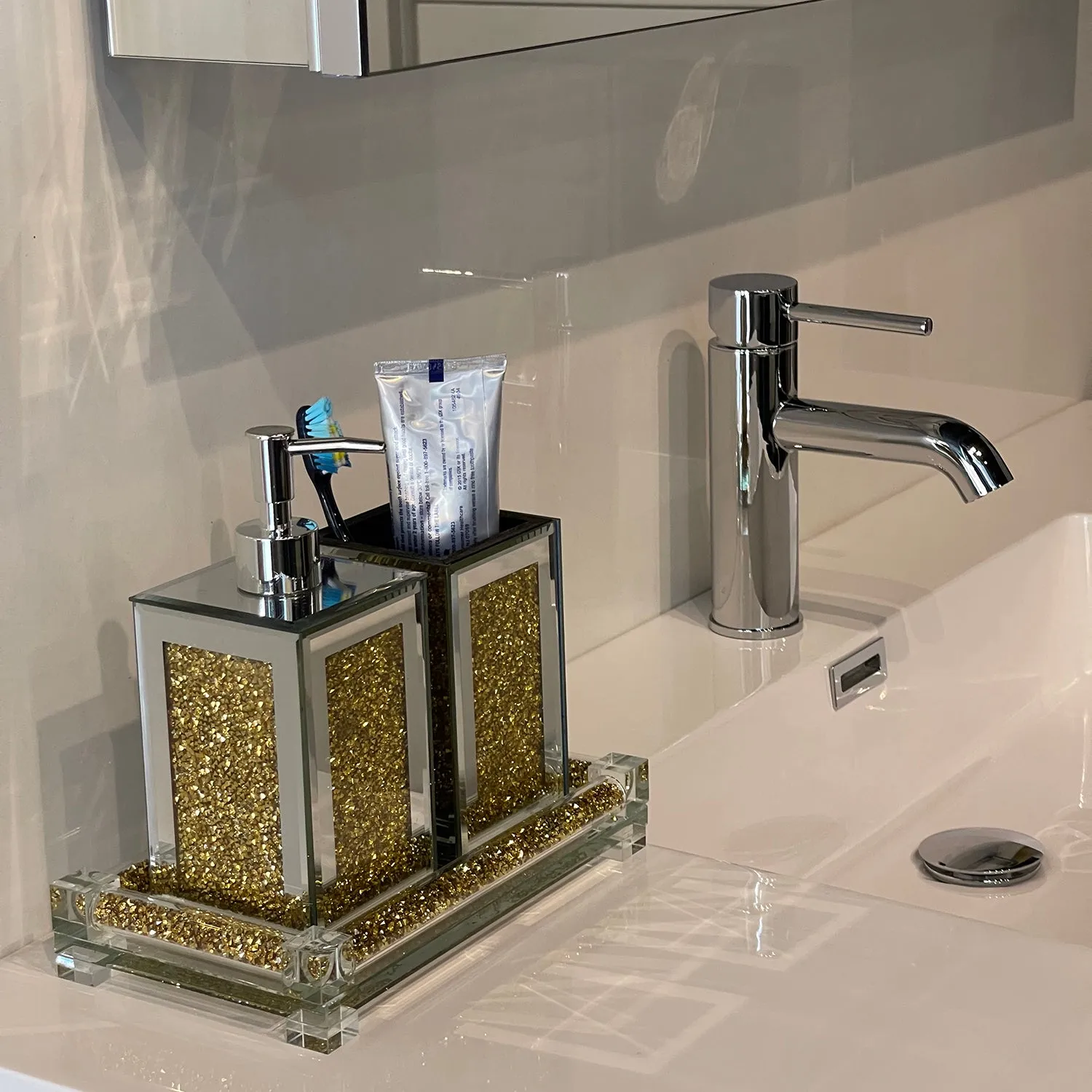 Square Soap Dispenser and Toothbrush Holder with Tray, Gold Crushed Diamond Glass