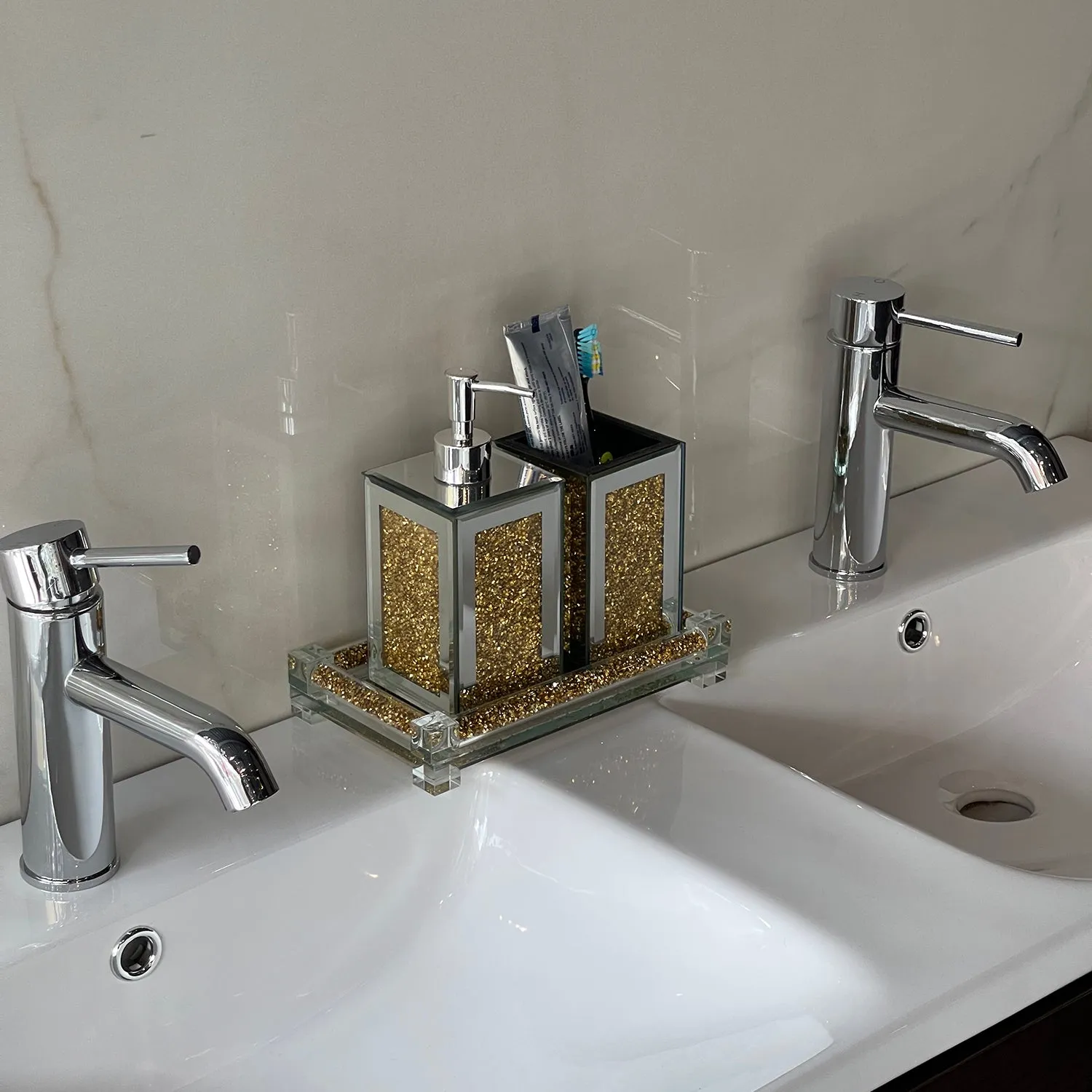 Square Soap Dispenser and Toothbrush Holder with Tray, Gold Crushed Diamond Glass