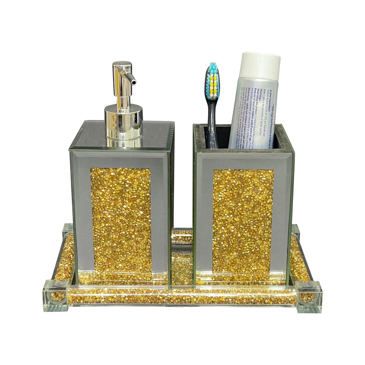 Square Soap Dispenser and Toothbrush Holder with Tray, Gold Crushed Diamond Glass