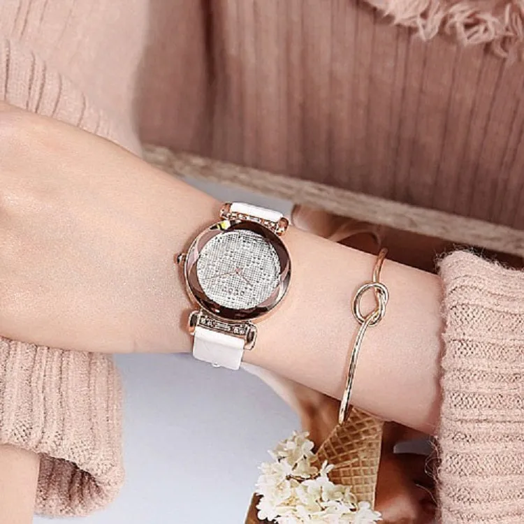 Stereoscopic Dial Leather Strap Women's Watch