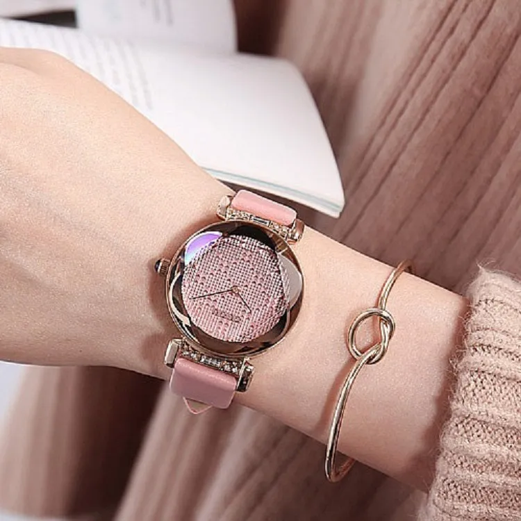 Stereoscopic Dial Leather Strap Women's Watch