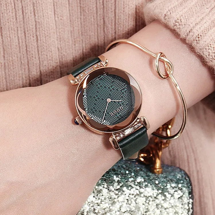 Stereoscopic Dial Leather Strap Women's Watch