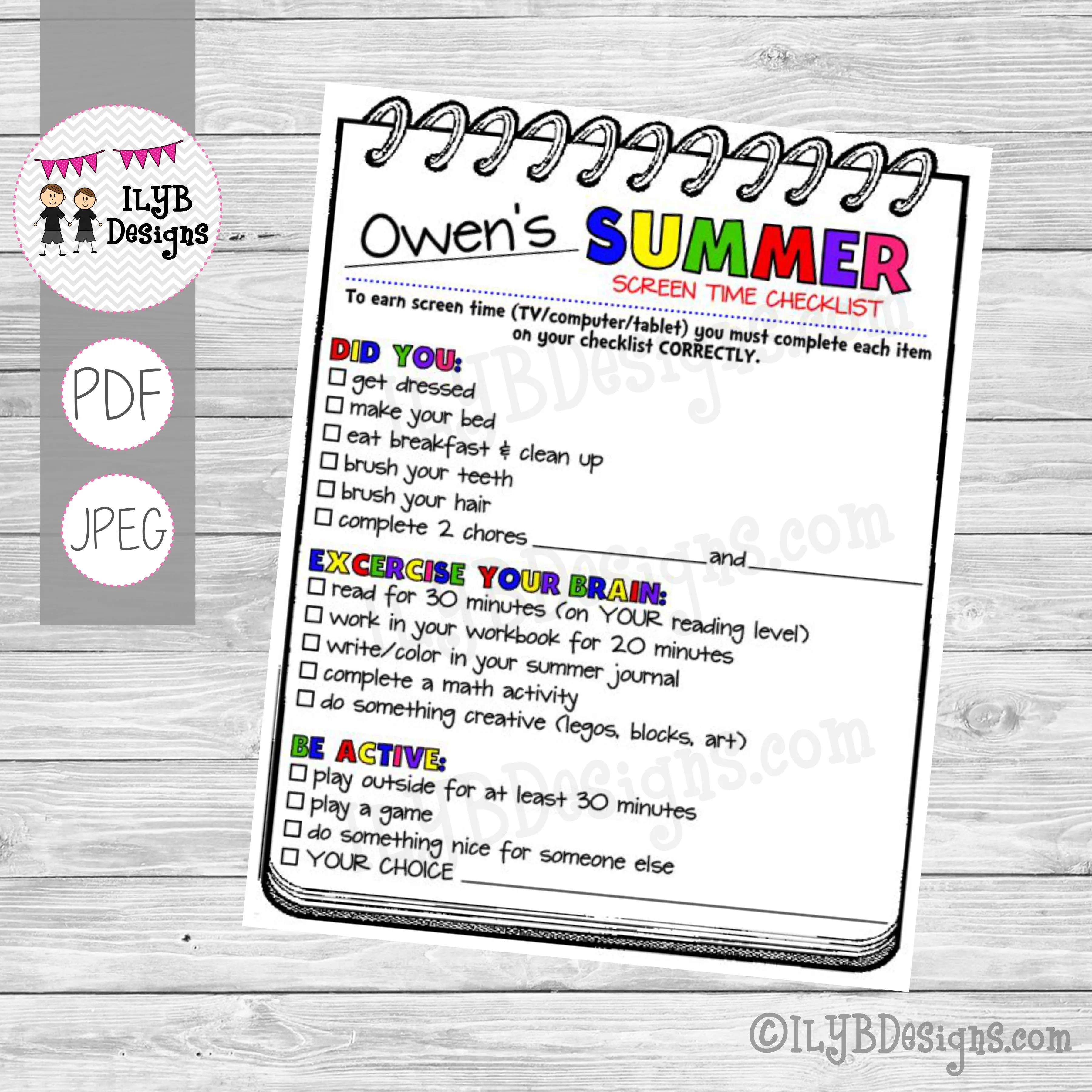 SUMMER SCREEN TIME CHECKLIST PDF, JPEG Printable Files - Summer Schedule - Summer Learning Checklist - Technology Chart