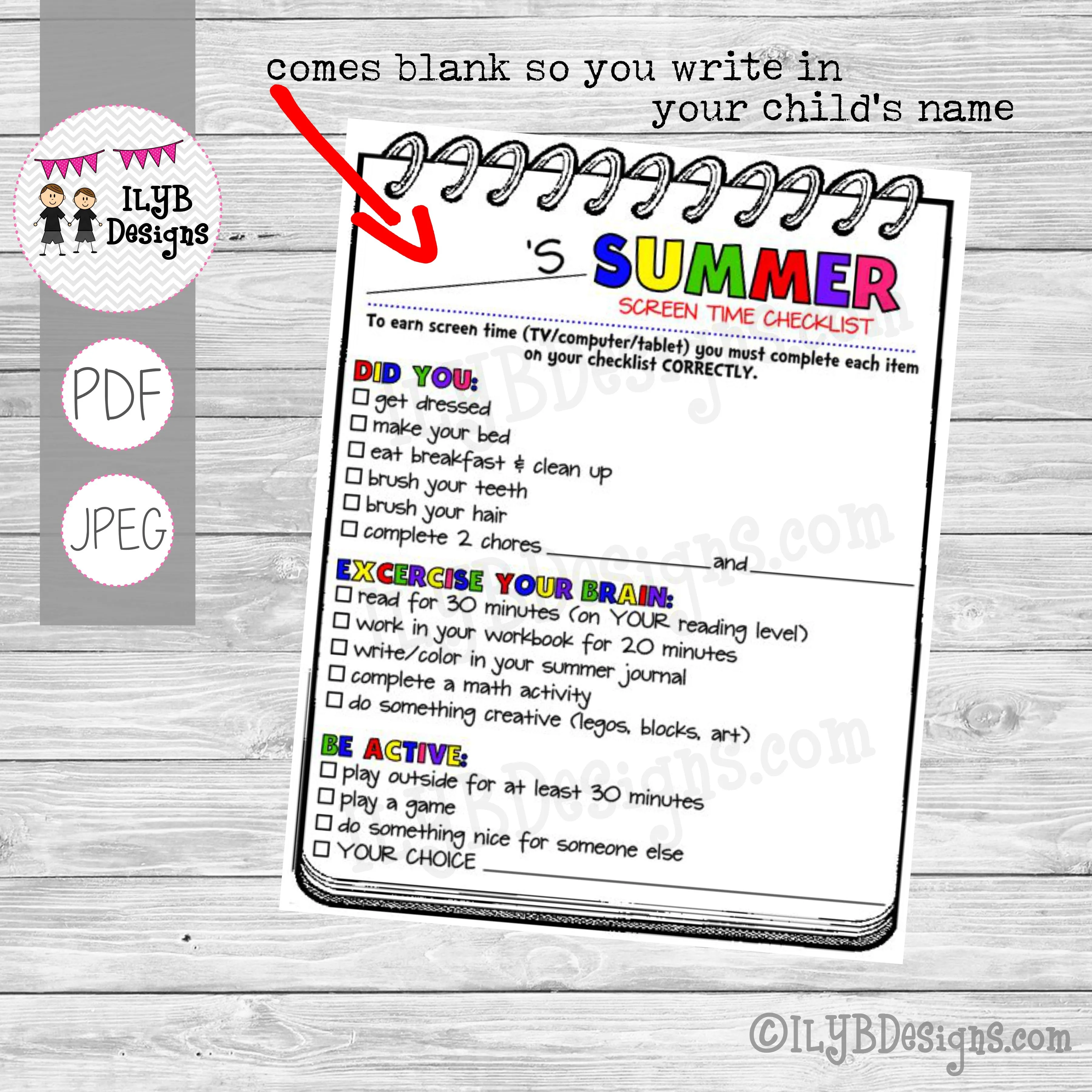 SUMMER SCREEN TIME CHECKLIST PDF, JPEG Printable Files - Summer Schedule - Summer Learning Checklist - Technology Chart