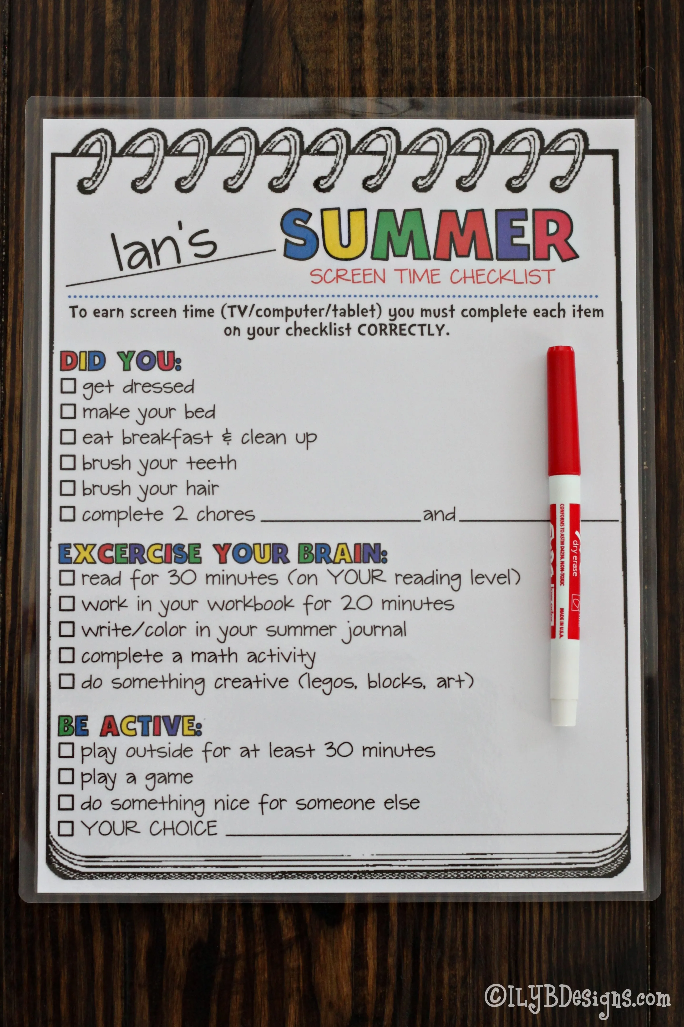 SUMMER SCREEN TIME CHECKLIST PDF, JPEG Printable Files - Summer Schedule - Summer Learning Checklist - Technology Chart