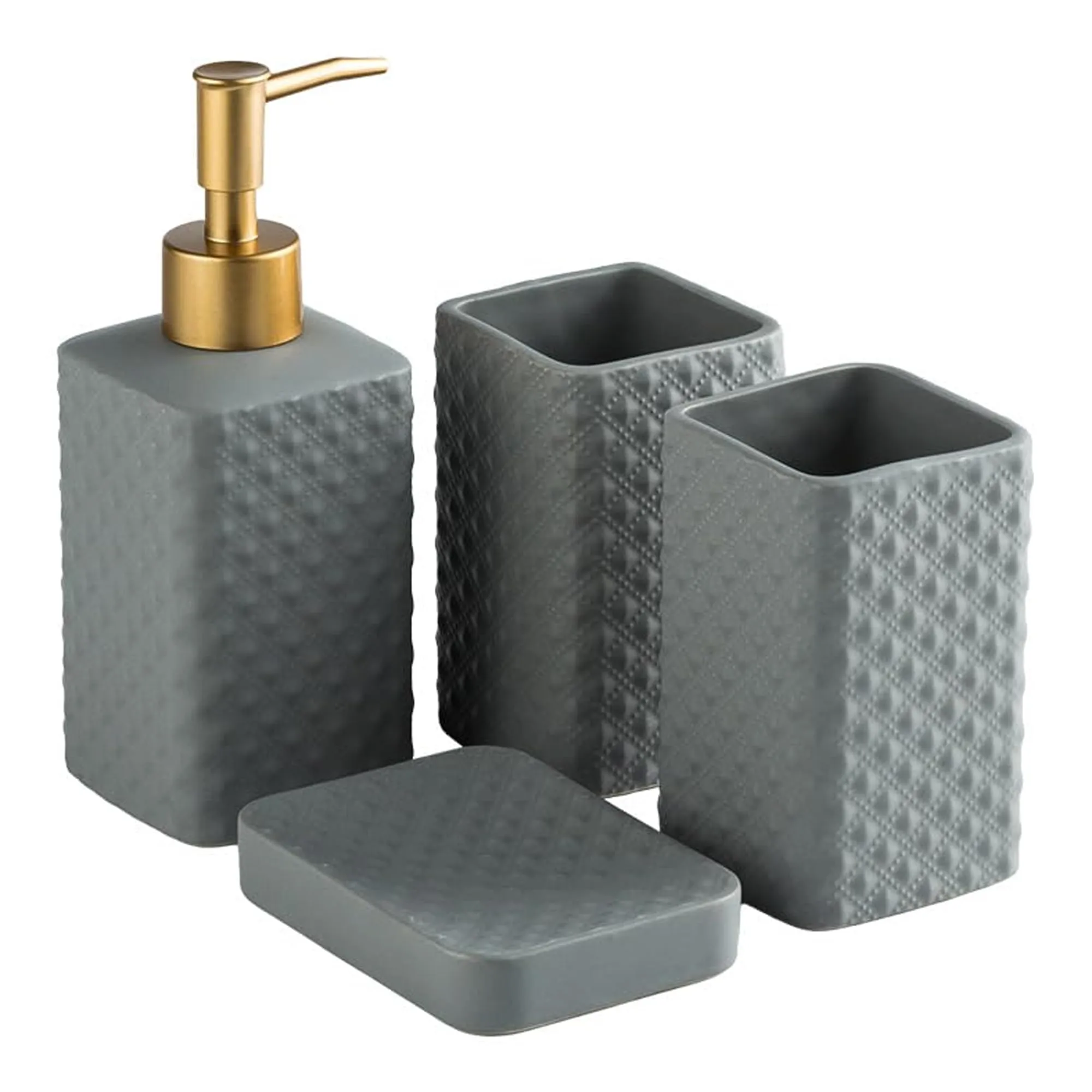 The Better Home 4pcs Ceramic Bathroom Accessories Set | Soap Dispenser (350ML), Toothbrush Holder, Water Cup (340ML) & Soap Holder for Bathroom | Bathroom Organiser | Grey