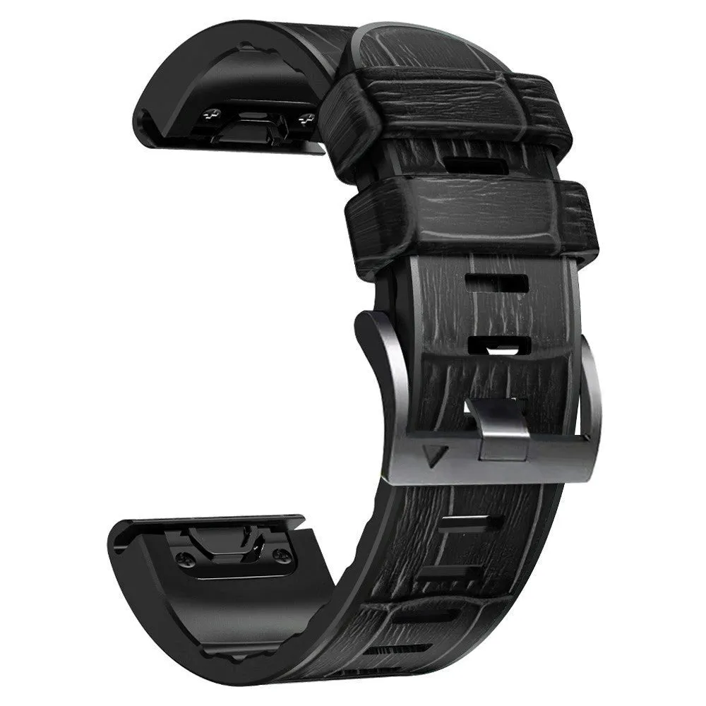 Universal Garmin 22mm QuickFit Læderbetrukket Silikone Rem m. Krokodille Tekstur - Sort