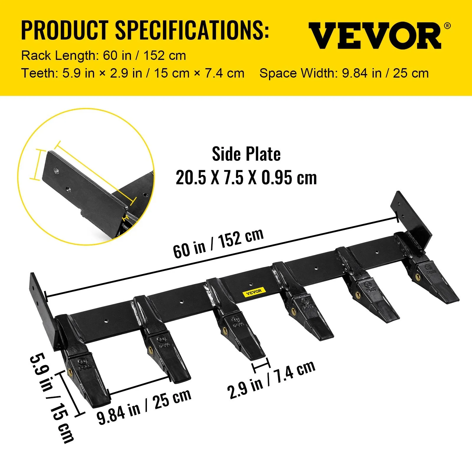 Vevor Bolt-On Tooth Bar Attachment for 60" Bucket 6 Teeth 9.84" Spacing 23TF New