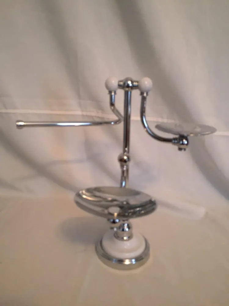 Vintage Reproduction chrome and Porcelain Soap/ Toothbrush / Hand towel Holder