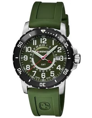 Wenger Mens Off Road GMT - Black PVD Bezel - Green Dial - Green Silicone Strap