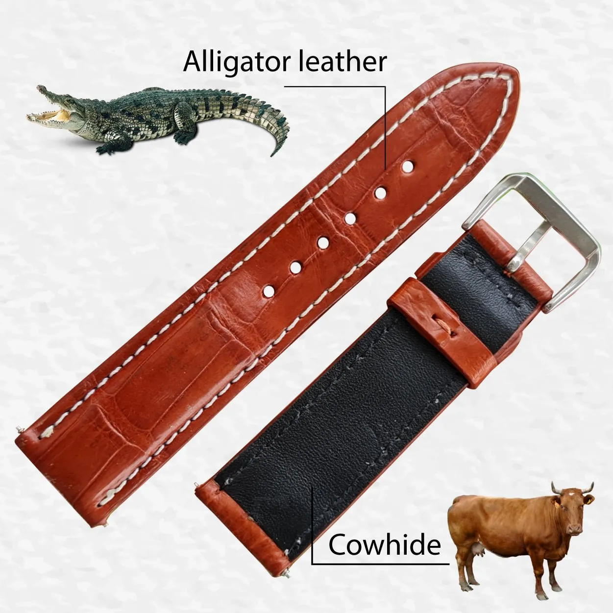 White Stitching Light Brown Alligator Leather Watch Band DH-76