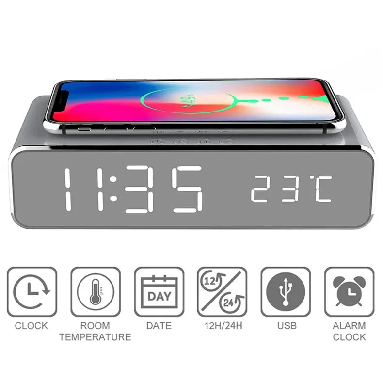 Wireless Charger Time Alarm Clock LED Digital Thermometer Earphone Phone Chargers Fast Charging Dock Station for iPhone Samsung