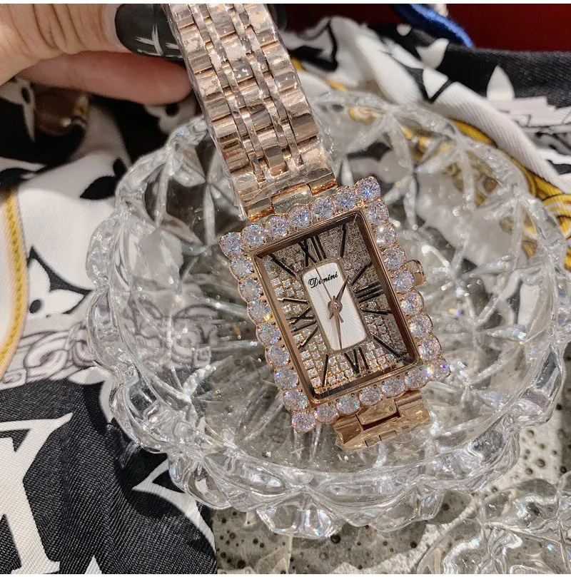 Women's Watch diamond square Pattern Roman Numeral Scale dial stainless steel strap elegant watch