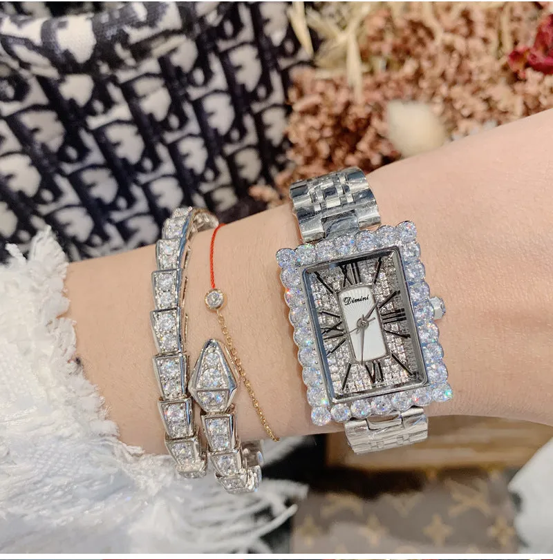 Women's Watch diamond square Pattern Roman Numeral Scale dial stainless steel strap elegant watch