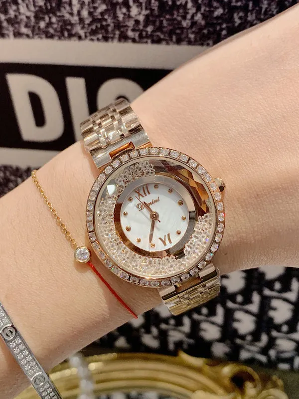 Women's Watch Round Pattern Quicksand diamond dial Stainless Steel strap elegant watch