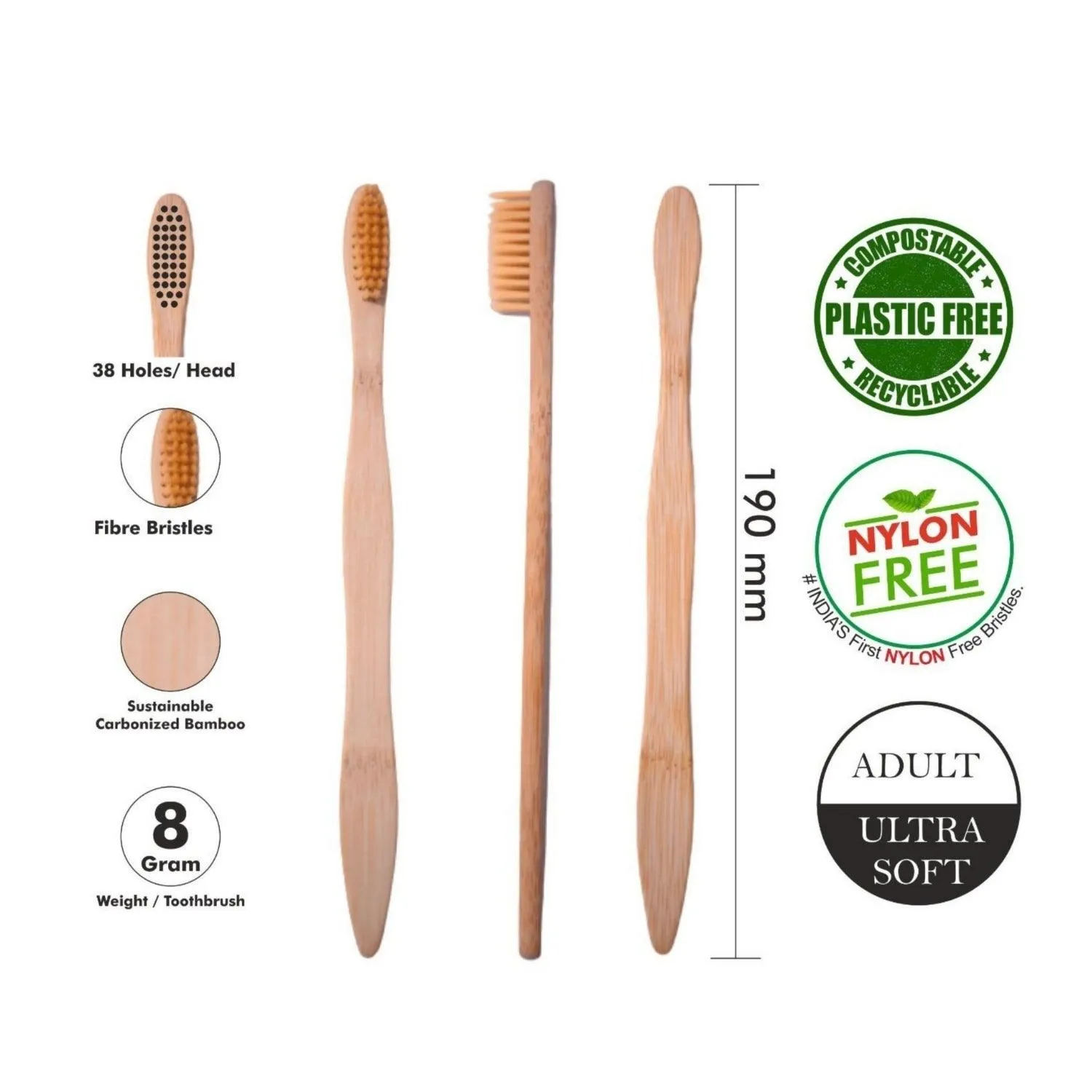 Wooden Bamboo Toothbrush | Pack of 1 | Ultra-Soft Bristles | BPA Free | Biodegradable and Compostable