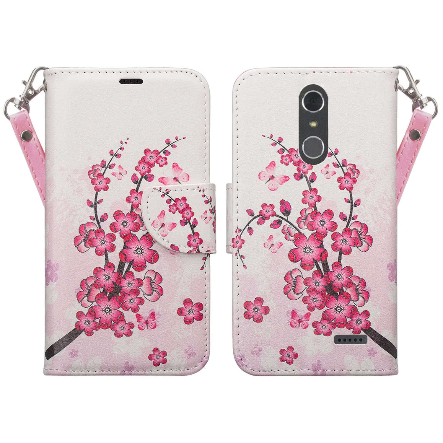 ZTE Blade Spark Z971, ZTE ZMAX One, ZTE Grand X4, X 4 Case, Wrist Strap Pu Leather Magnetic Flip [Kickstand] Wallet Cover with Slots - Cherry Blossom