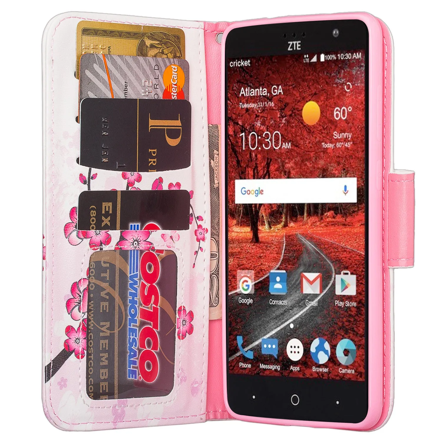 ZTE Blade Spark Z971, ZTE ZMAX One, ZTE Grand X4, X 4 Case, Wrist Strap Pu Leather Magnetic Flip [Kickstand] Wallet Cover with Slots - Cherry Blossom