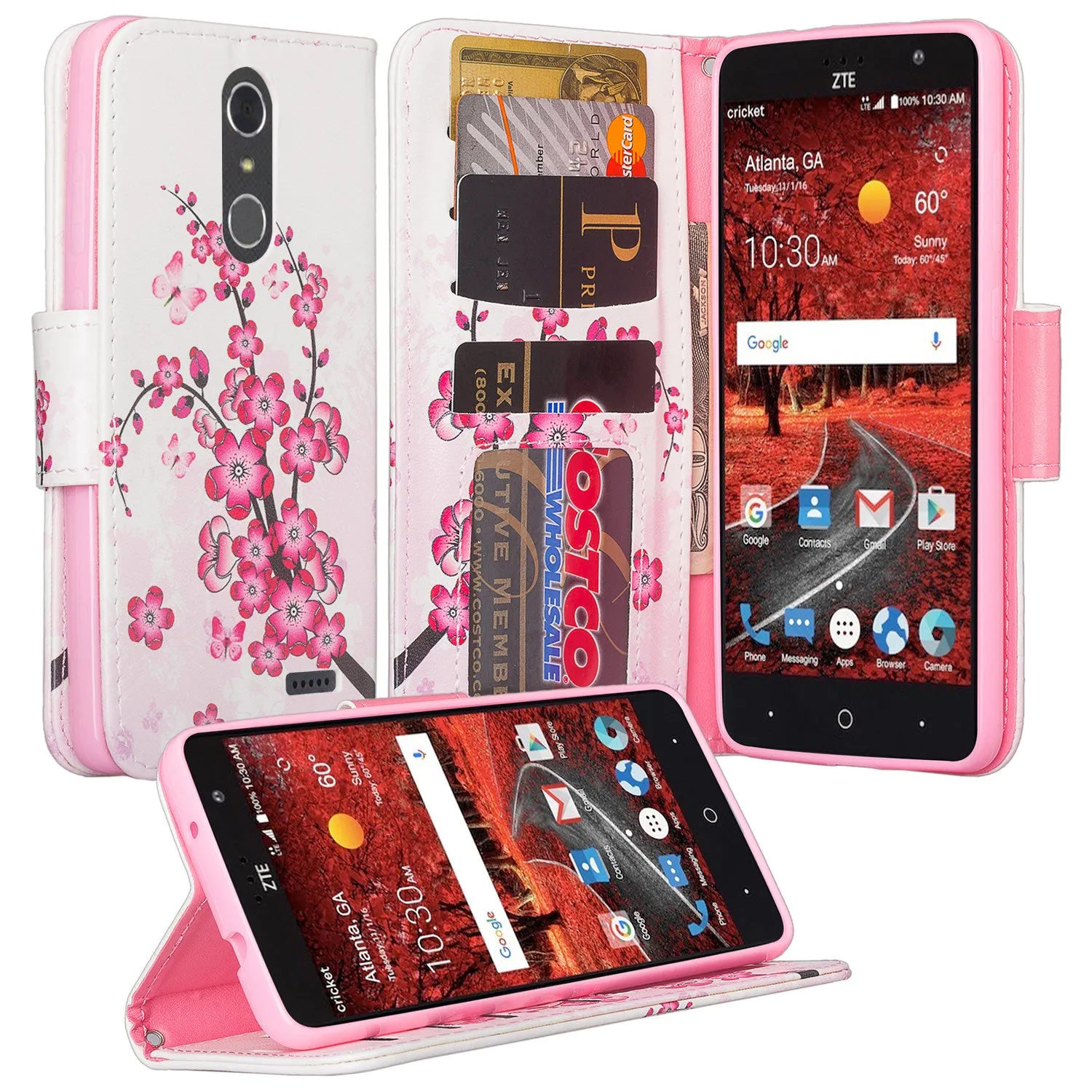 ZTE Blade Spark Z971, ZTE ZMAX One, ZTE Grand X4, X 4 Case, Wrist Strap Pu Leather Magnetic Flip [Kickstand] Wallet Cover with Slots - Cherry Blossom