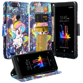 ZTE Sequoia | Blade Z Max | ZTE Z982 Case, Wrist Strap Pu Leather Magnetic Flip[Kickstand] Wallet Case Cover with ID & Card Slots - Rainbow Unicorn