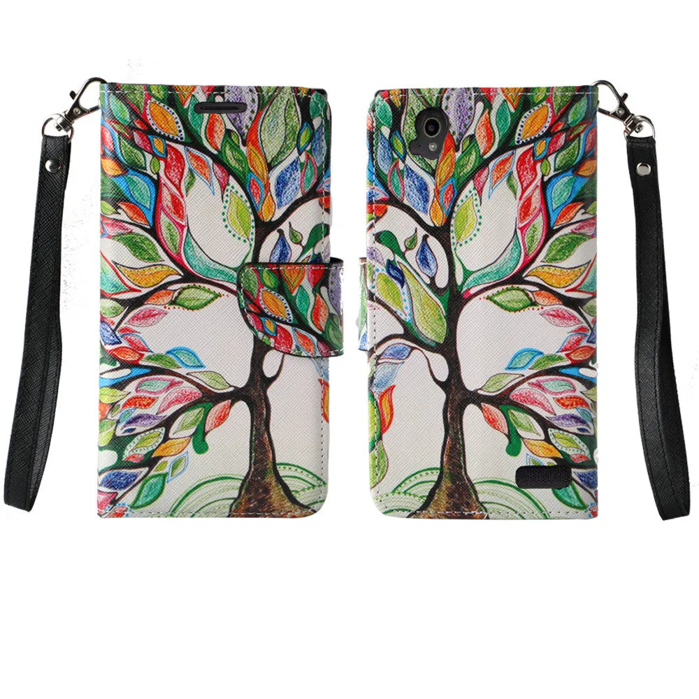 ZTE Warp Elite | ZTE N9158 Case, Wrist Strap Magnetic Flip Fold[Kickstand] Pu Leather Wallet Case with ID & Card Slots - Colorful Tree