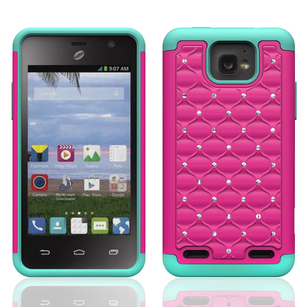 ZTE Zephyr Rhinestone Case, Slim Hybrid Dual Layer[Shock Resistant] Crystal Rhinestone Studded Case Cover -  Hot Pink/Teal