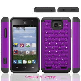 ZTE Zephyr Rhinestone Case, Slim Hybrid Dual Layer[Shock Resistant] Crystal Rhinestone Studded Case Cover -  Purple/Black