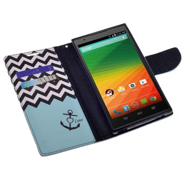 ZTE ZMAX Case, Wrist Strap Magnetic Fold[Kickstand] Pu Leather Wallet Case with ID & Credit Card Slots for ZTE ZMAX - Teal Anchor