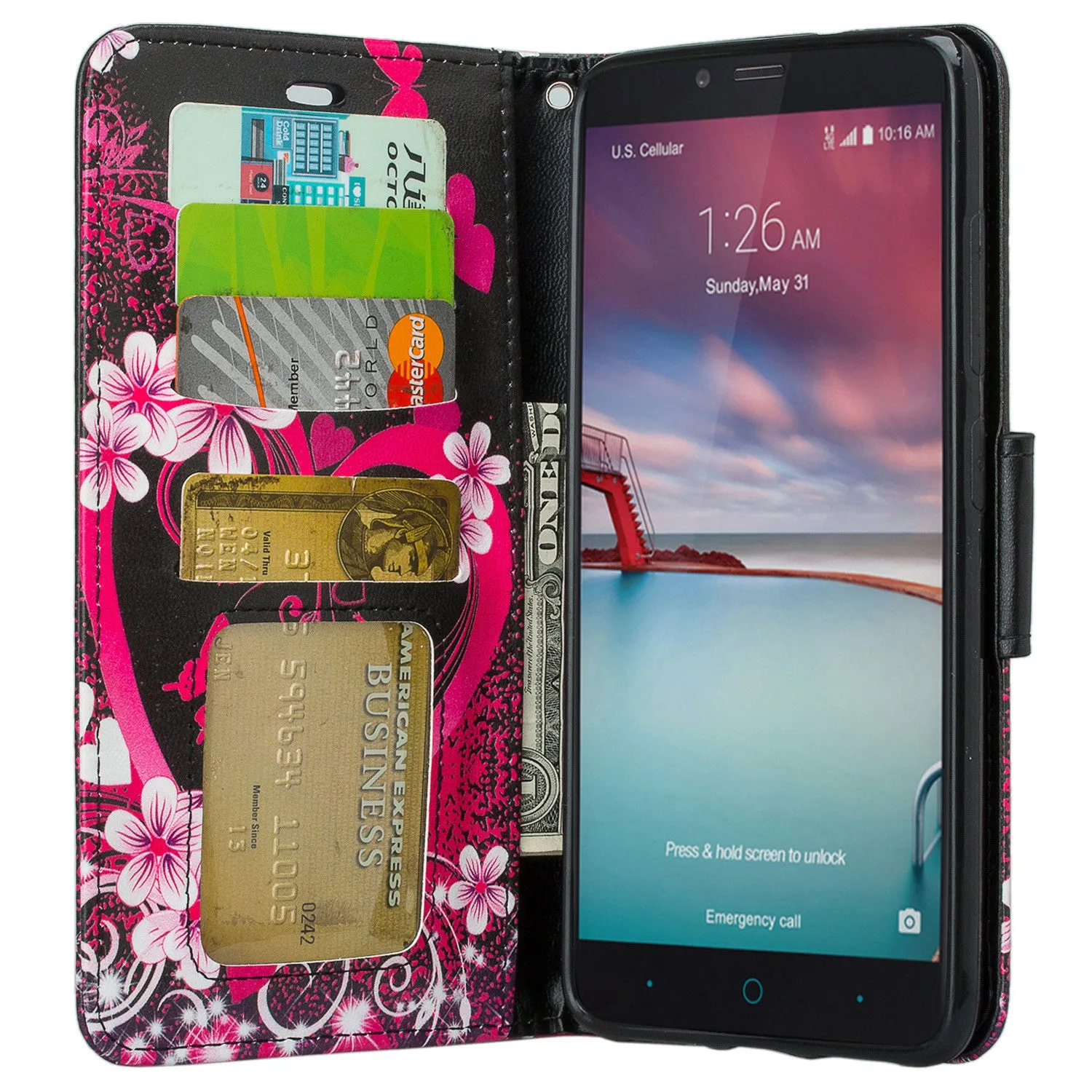 ZTE ZMAX Pro Case | Blade X Max | ZTE Carry | ZTE Grand X Max 2 Case | ZTE Imperial Max Case | Max Duo Wrist Strap Pu Leather Magnetic Fol[Kickstand] Wallet Case[ID & Card Slots] - Heart Butterflies